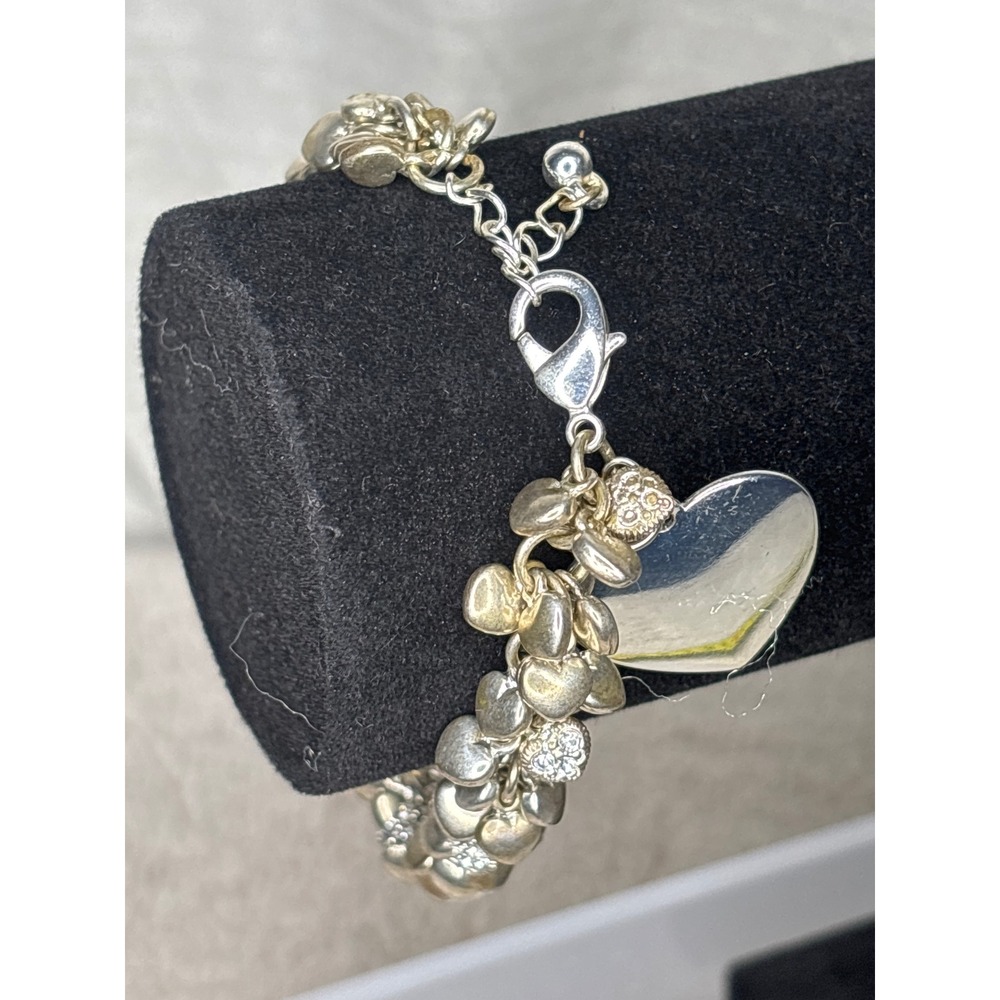 Silver Tone Bunch of Hearts Charm Bracelet‎ Rhinestone Accent Fashion Jewelry